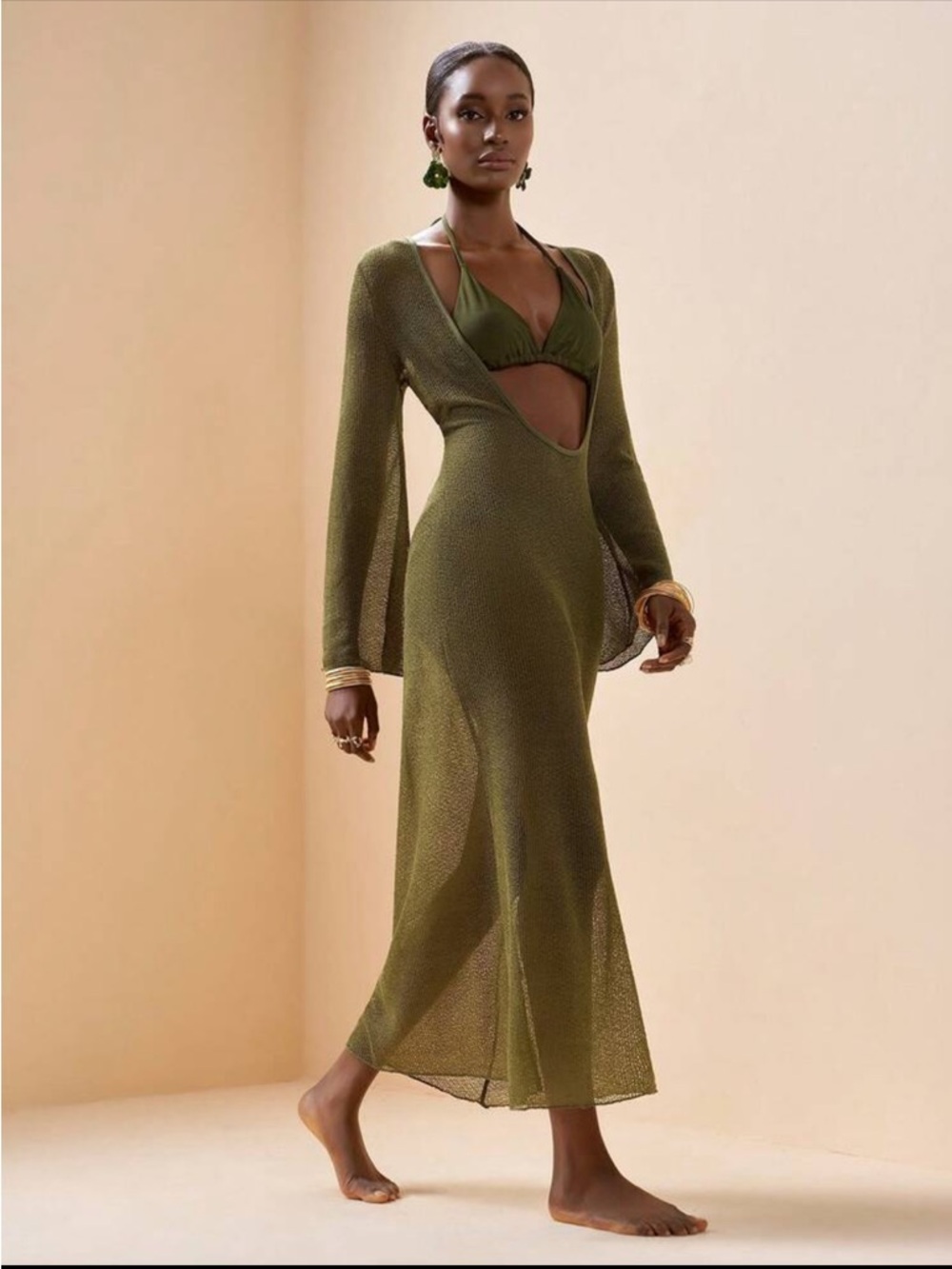 Olive Cutout Halter Maxi Dress